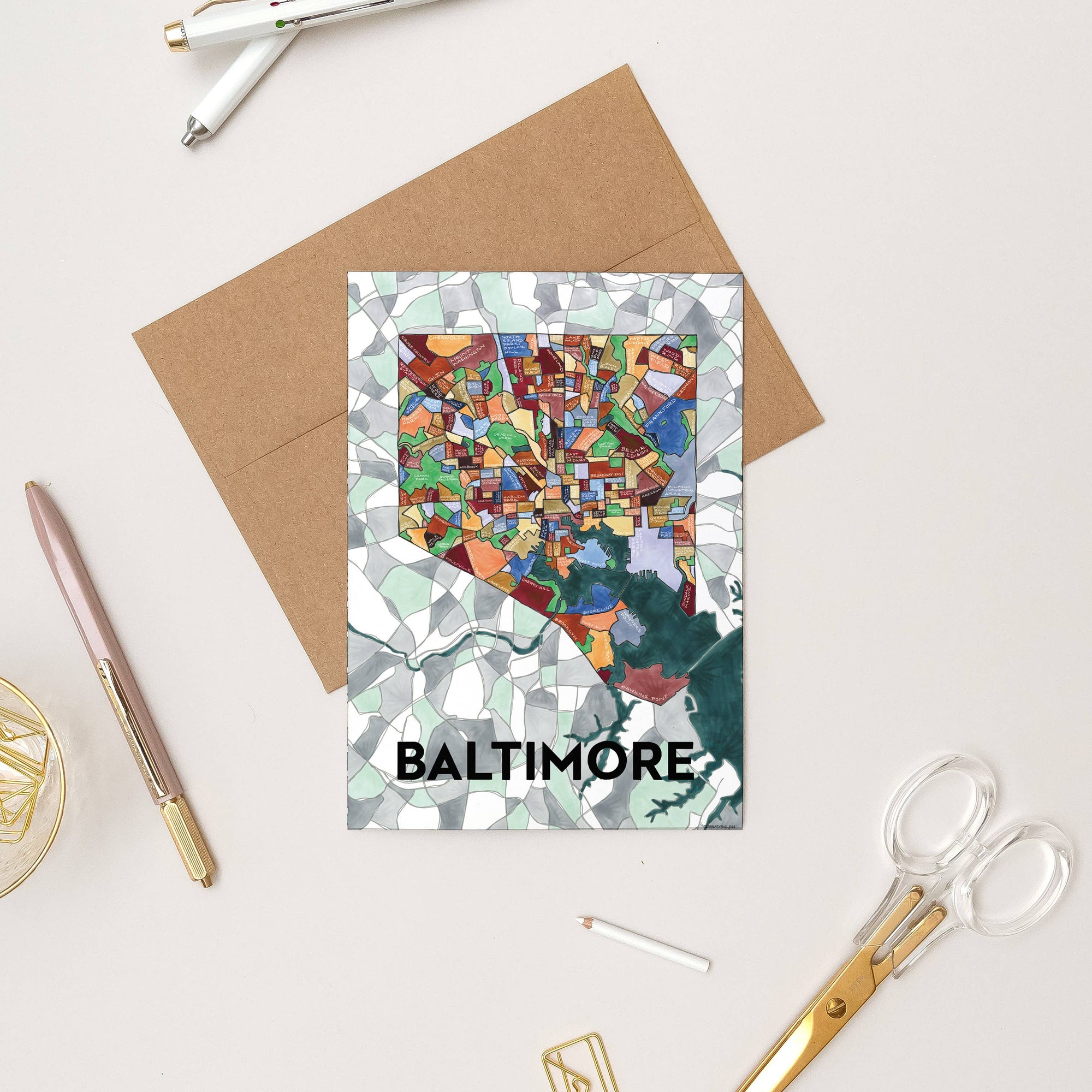 Baltimore Neighborhoods Map Art Greeting Card