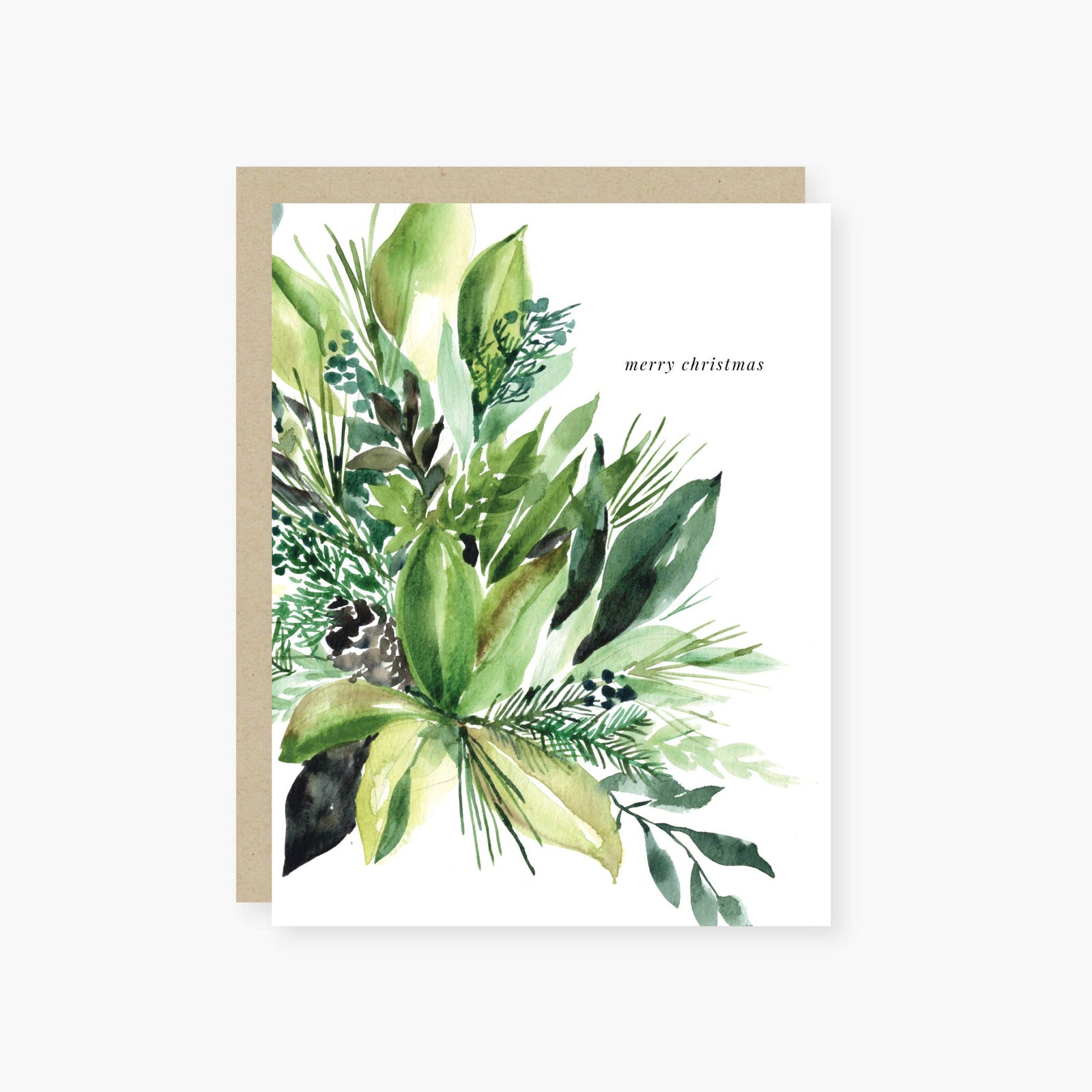Watercolor greens merry christmas card: Single card