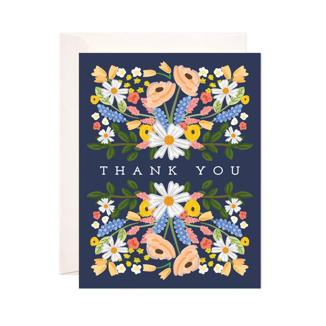 Navy Floral Thank You Greeting Card - Thank You Card: Single Card