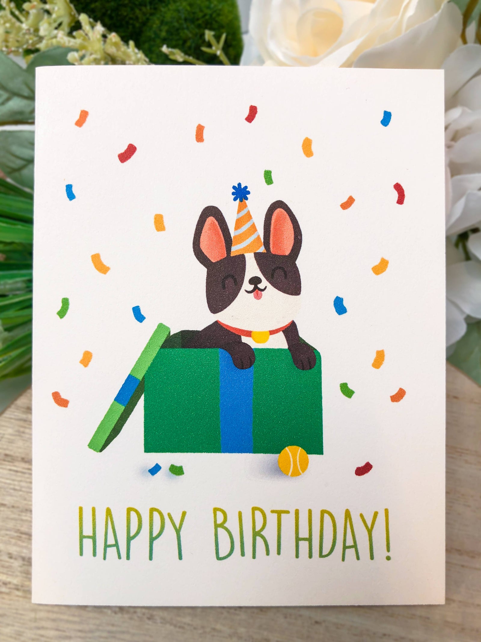 Happy Birthday Dog Greeting Card - Puppy Jumping Out of Box