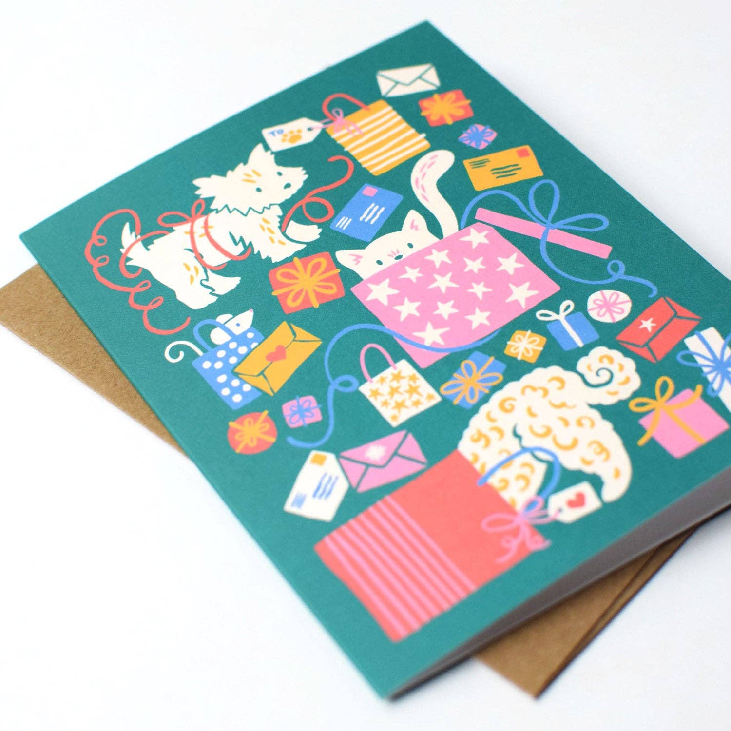 Merry Pets Christmas Presents Card: Original Dog & Cat Art