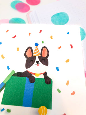Happy Birthday Dog Greeting Card - Puppy Jumping Out of Box