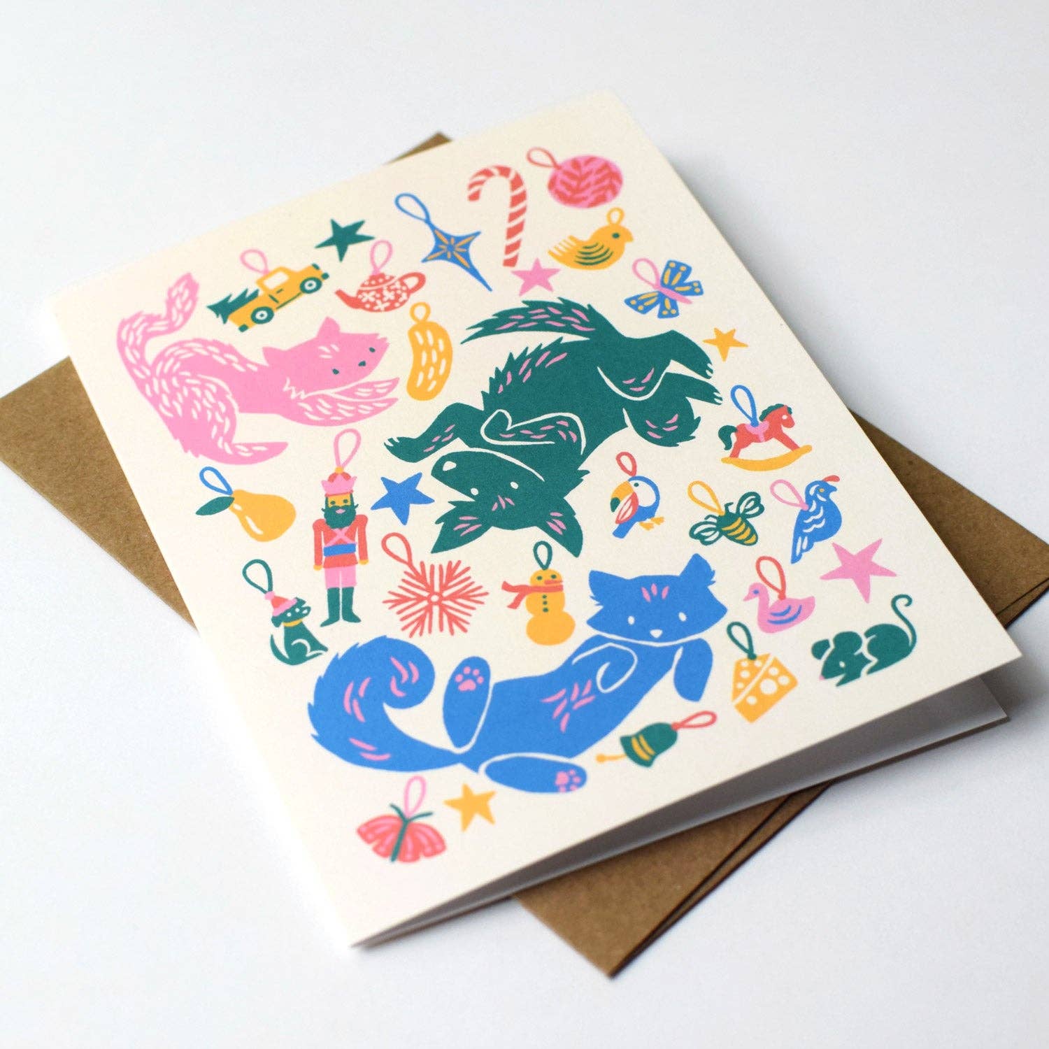 Merry Pets Christmas Ornaments Card: Original Dog & Cat Art