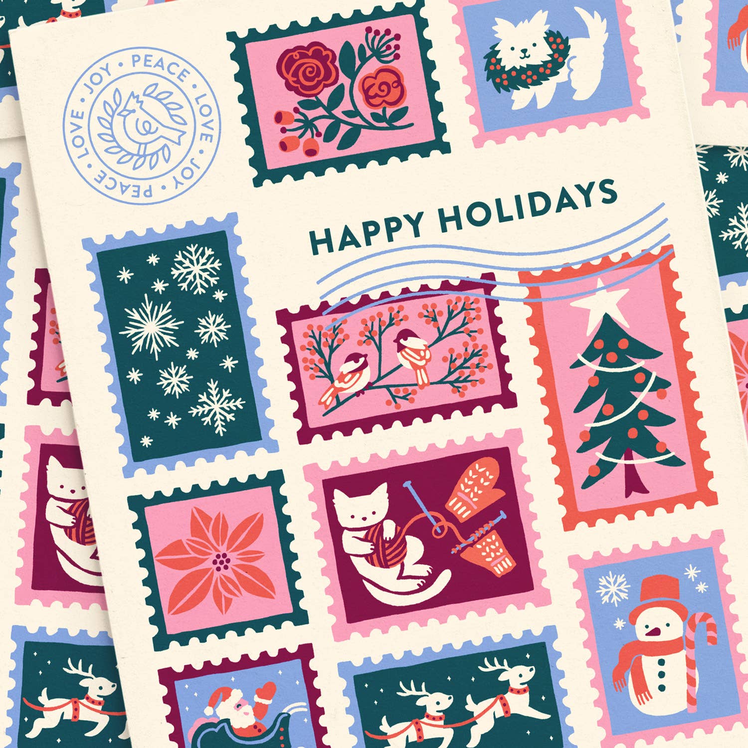 Christmas Postage Greeting Card Set: Original Art, Set of 8: Set of 8