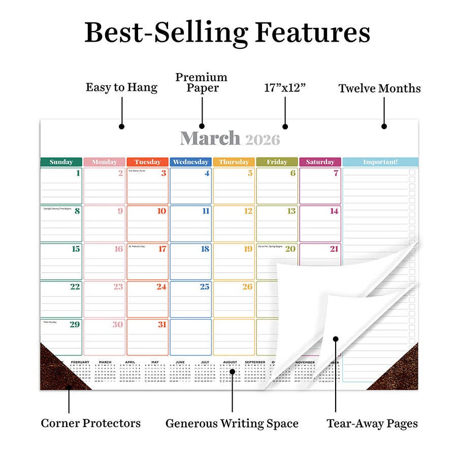 2026 Rainbow Blocks Medium Desk Pad Monthly Blotter Calendar