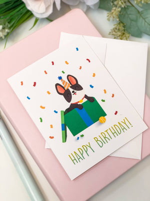 Happy Birthday Dog Greeting Card - Puppy Jumping Out of Box