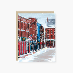 Snowy New England town greeting card: Single card