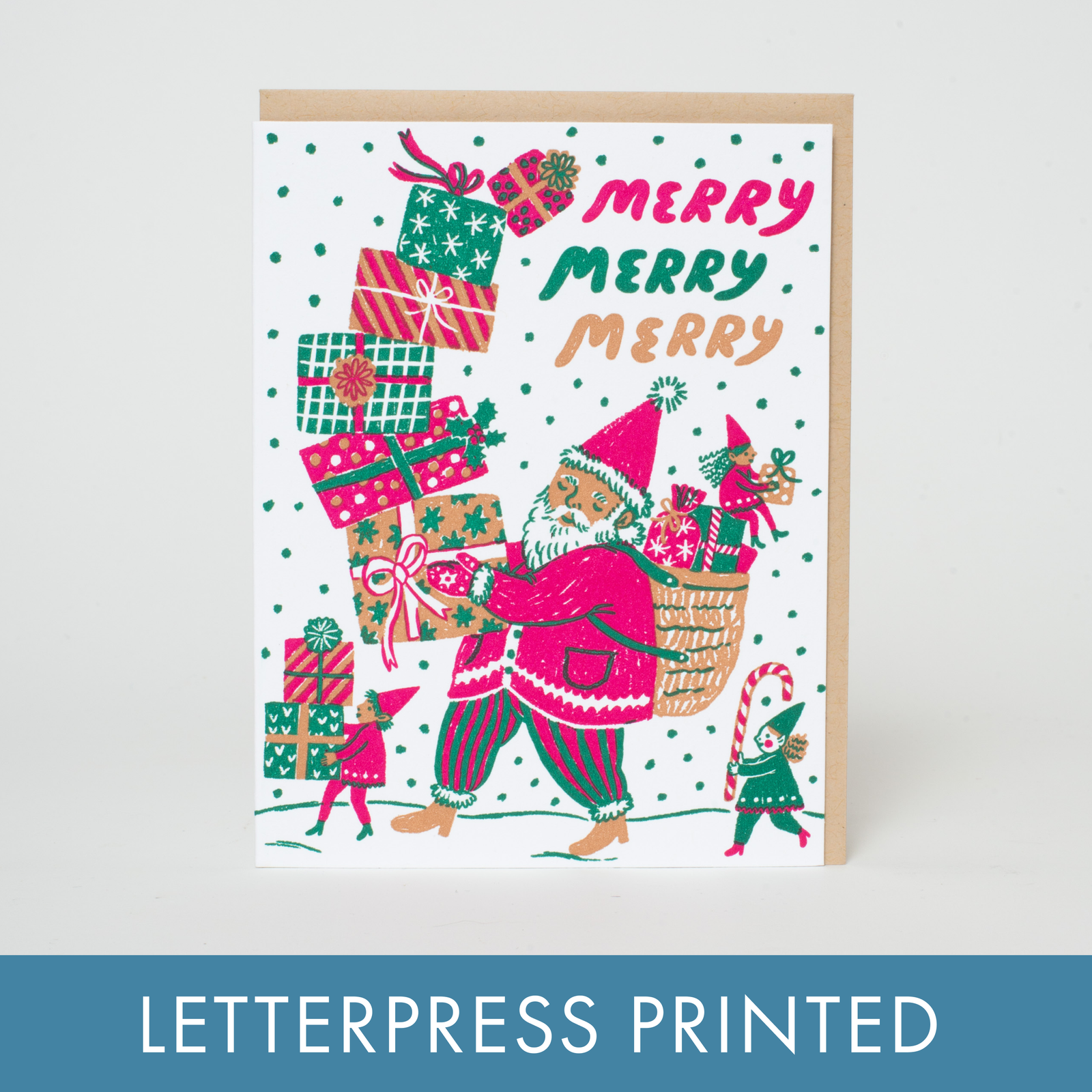 Merry Santa Letterpress Greeting Card by Phoebe Wahl