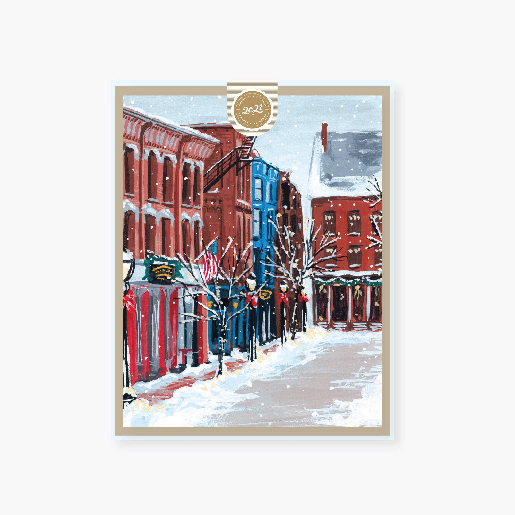 Snowy New England town greeting card: Single card