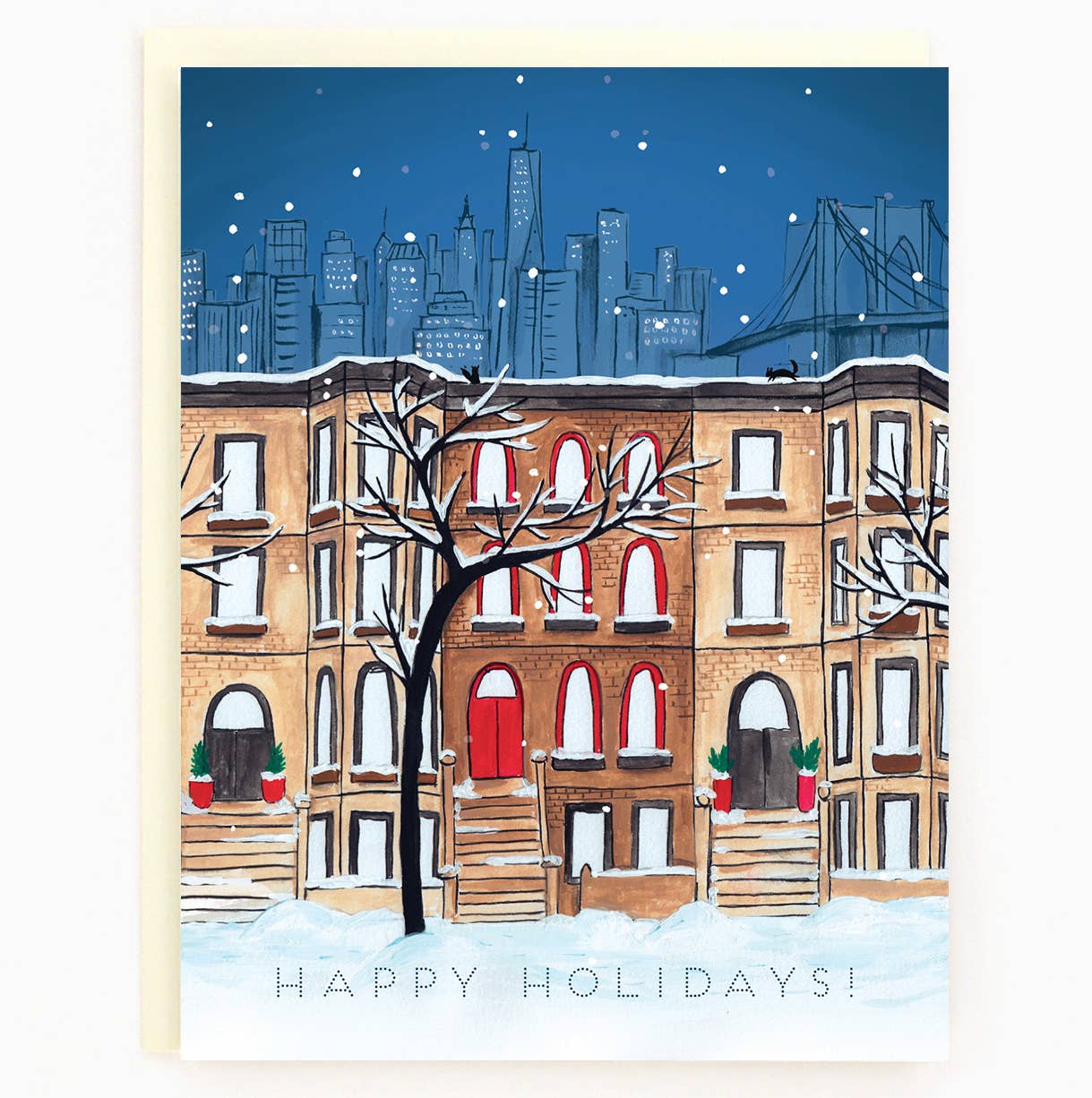 New York Brooklyn Snowy Night Holiday Card
