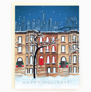 New York Brooklyn Snowy Night Holiday Card