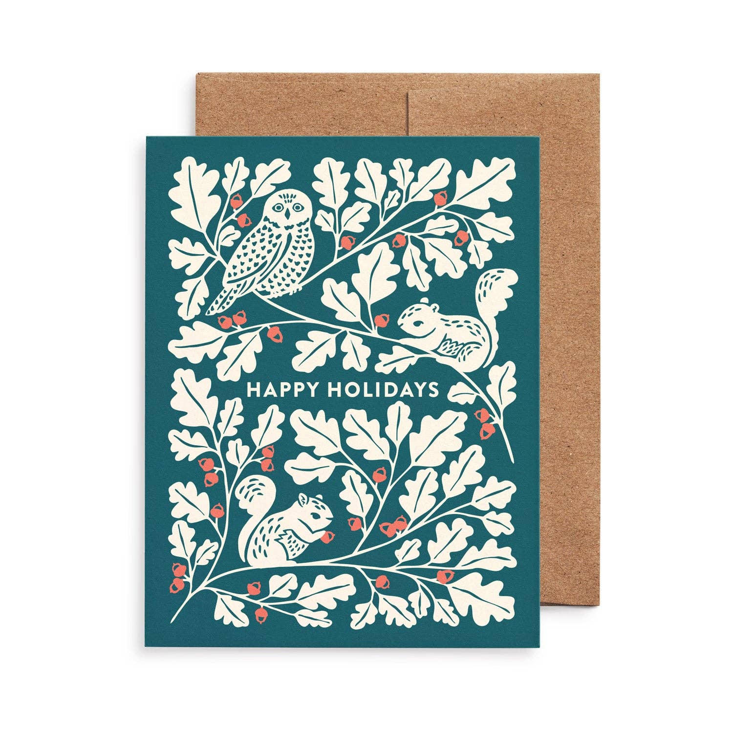 Owl & Squirrels Oak Tree Christmas Card: Original Art