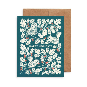 Owl & Squirrels Oak Tree Christmas Card: Original Art