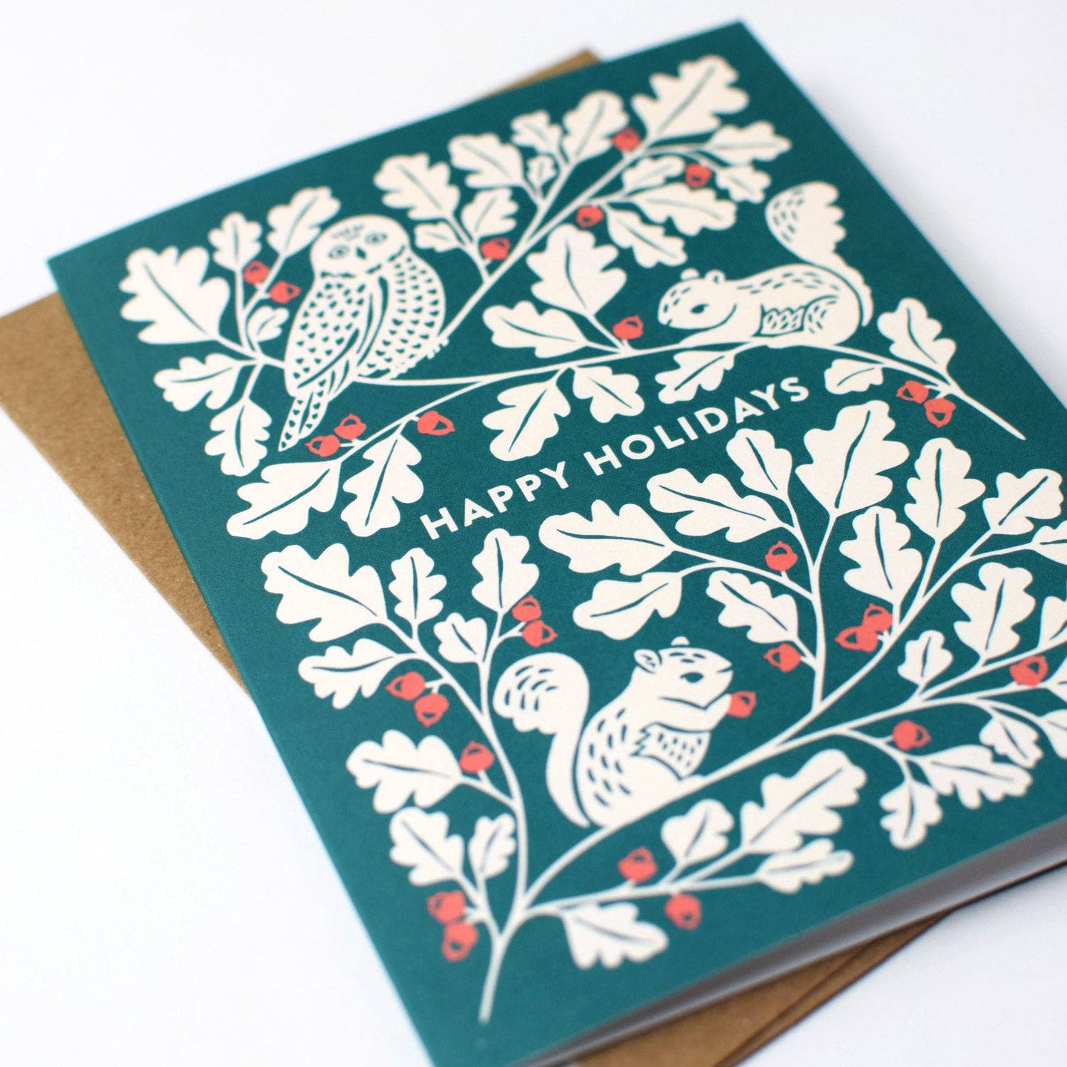 Owl & Squirrels Oak Tree Christmas Card: Original Art