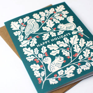 Owl & Squirrels Oak Tree Christmas Card: Original Art