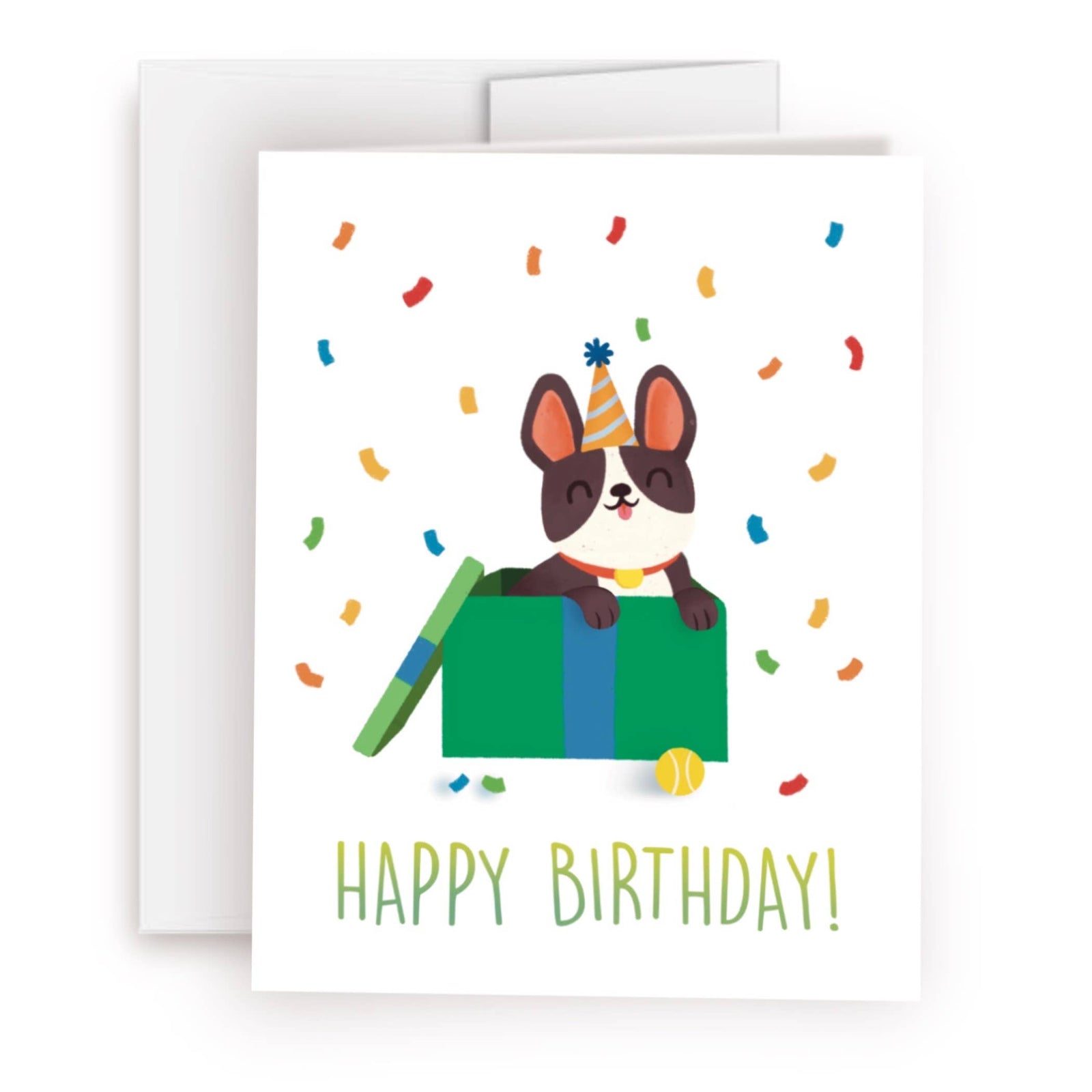 Happy Birthday Dog Greeting Card - Puppy Jumping Out of Box