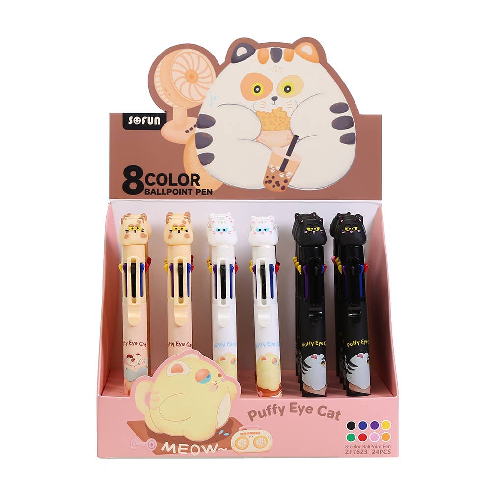 Puffy Eye Cat 8-Color Retractable Ball Pen