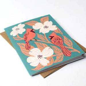 Cardinals & Dogwood Greeting Card: Original Bird Art, Eco-Friendly