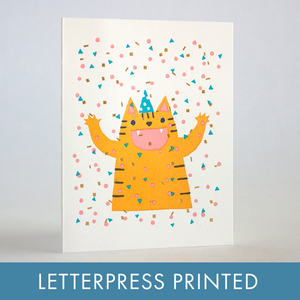Confetti Cat Party Letterpress Greeting Card by Fugu Fugu