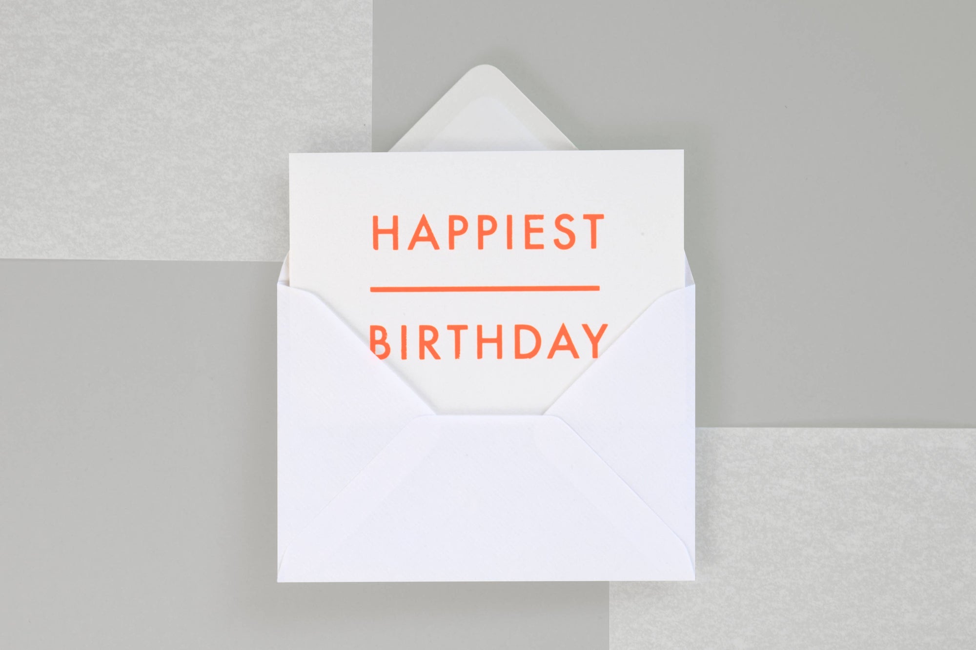 Foil blocked Happiest Birthday card – Neon Orange on White