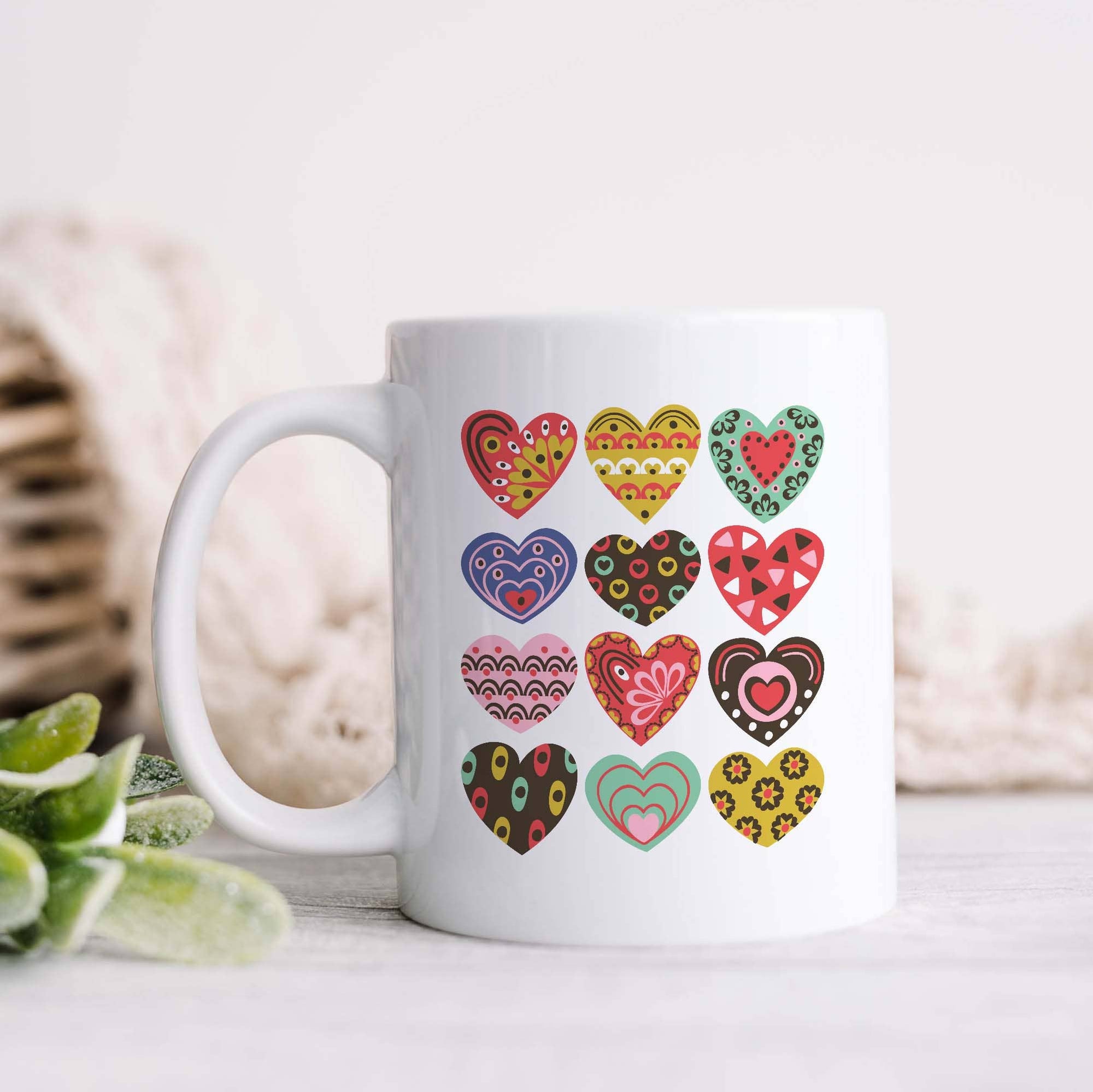Patchwork Hearts  Boho Retro Valentine's Day Ceramic Mug: 11oz