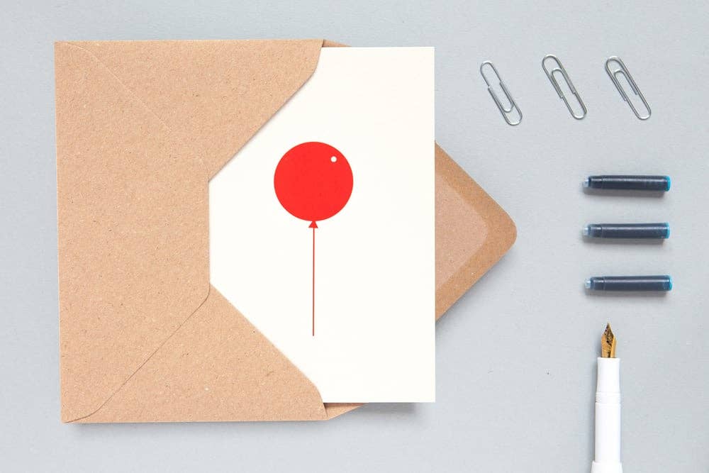 Foil blocked Balloon card – Red on Stone