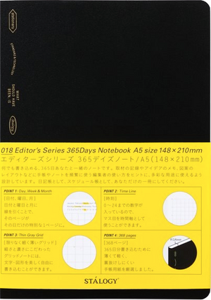 A5 Squared Editors Series 365 Days Notebook Softcover, STALOGY in Black