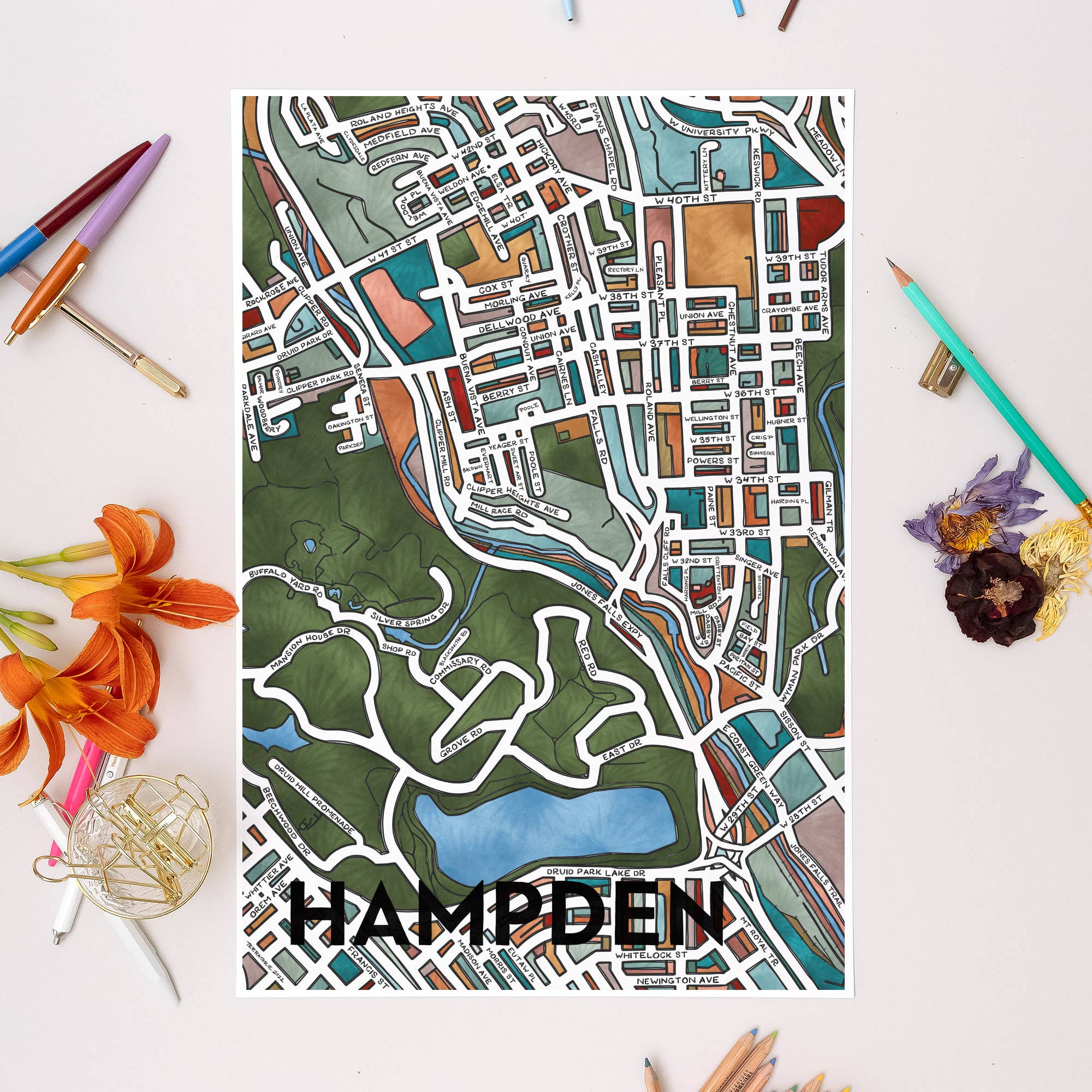 Hampden (Baltimore) Map Art Print