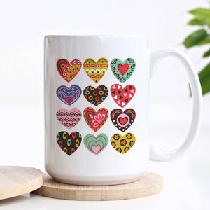 Patchwork Hearts  Boho Retro Valentine's Day Ceramic Mug: 15oz
